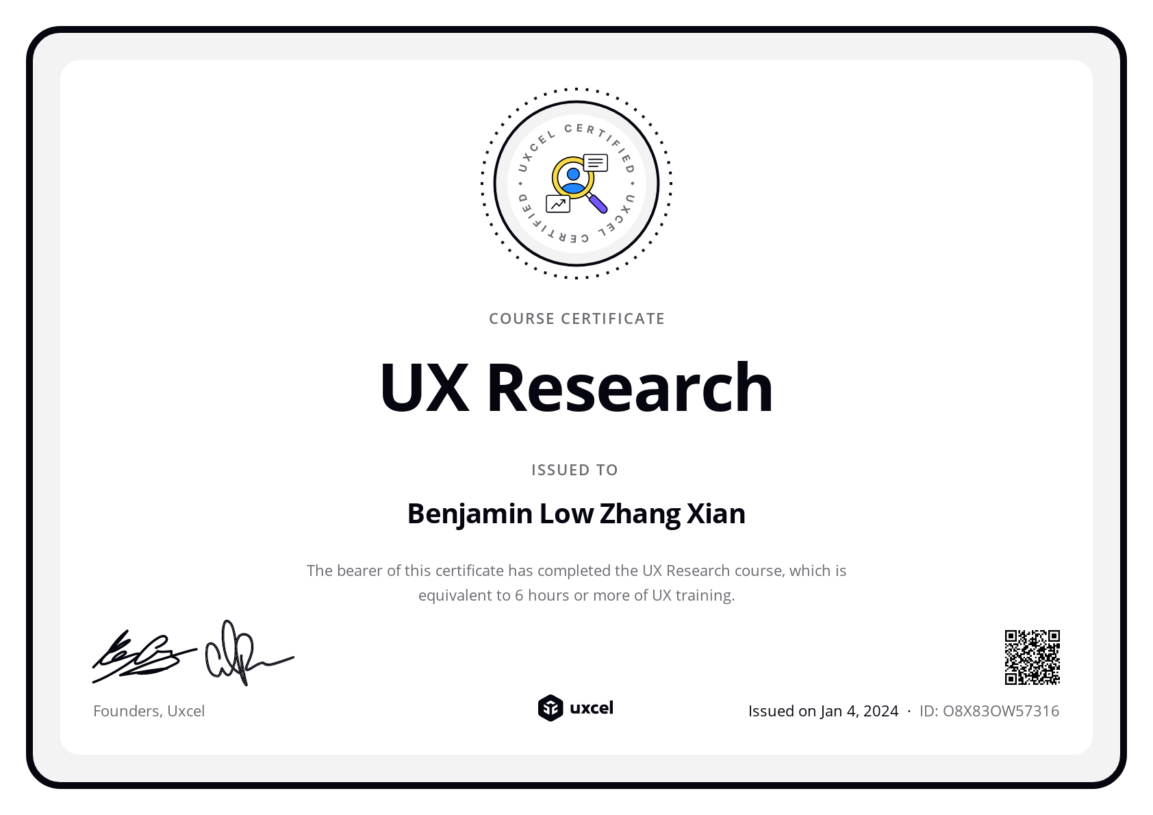 Benjamin Low Zhang Xian's certificate